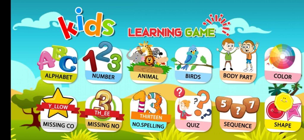 الصفحة الرئيسية لتطبيق Kids Learning Game أحد تطبيقات ألعاب تعليمية