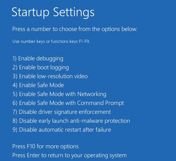 Windows 10 startup settings screen