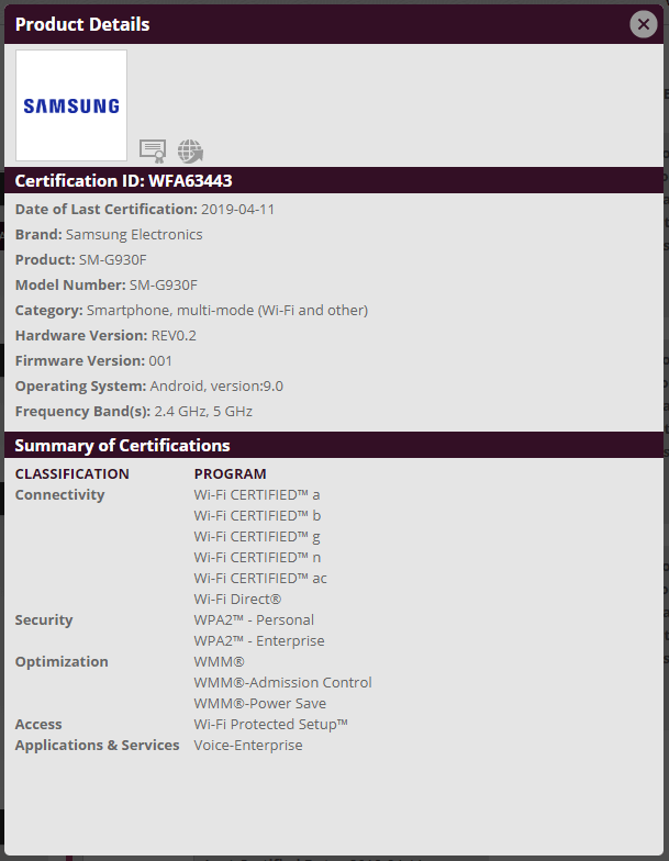 S7 WiFi Certification with Android Pie