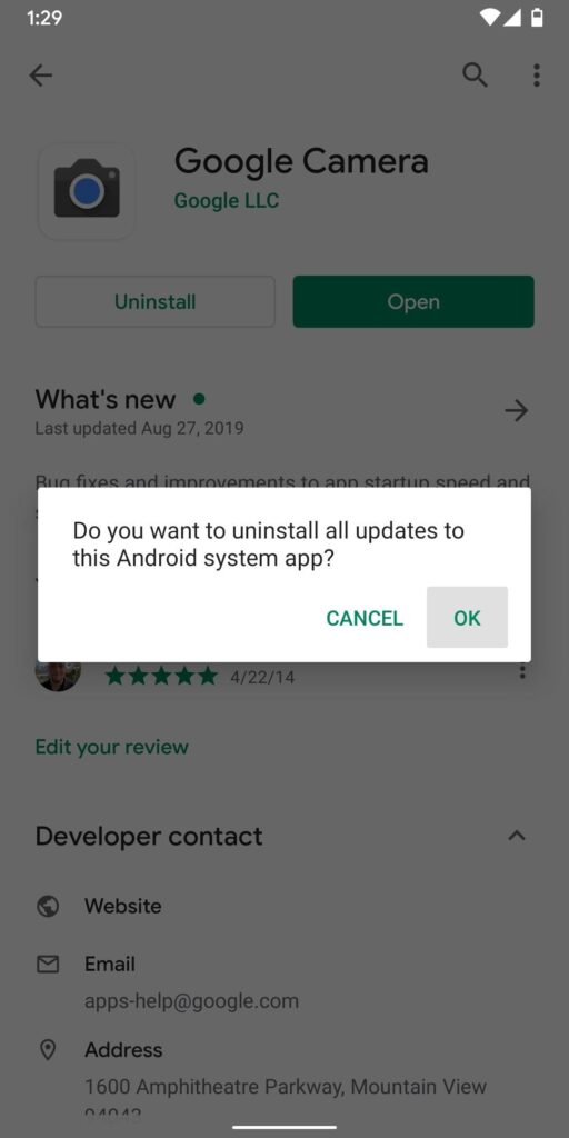 Uninstall Pixel 4 Camera app 01