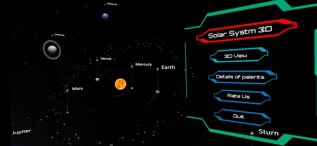 الصفحة الرئيسية لتطبيق 3D Solar System