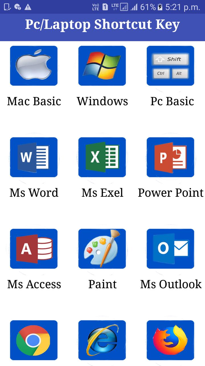 تطبيق Pc/Laptop Shortcut Keys‏ أحد تطبيقات اختصارات البرامج