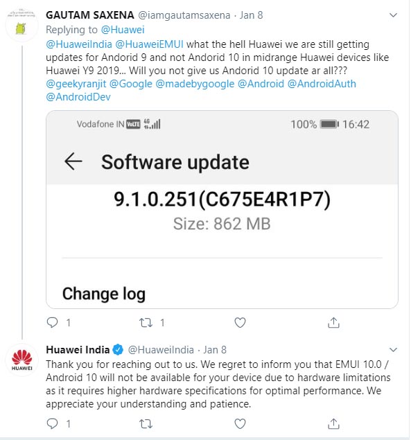 Huawei response to Y9 2019 user about Android 10 Firmware Update Mohamedovic