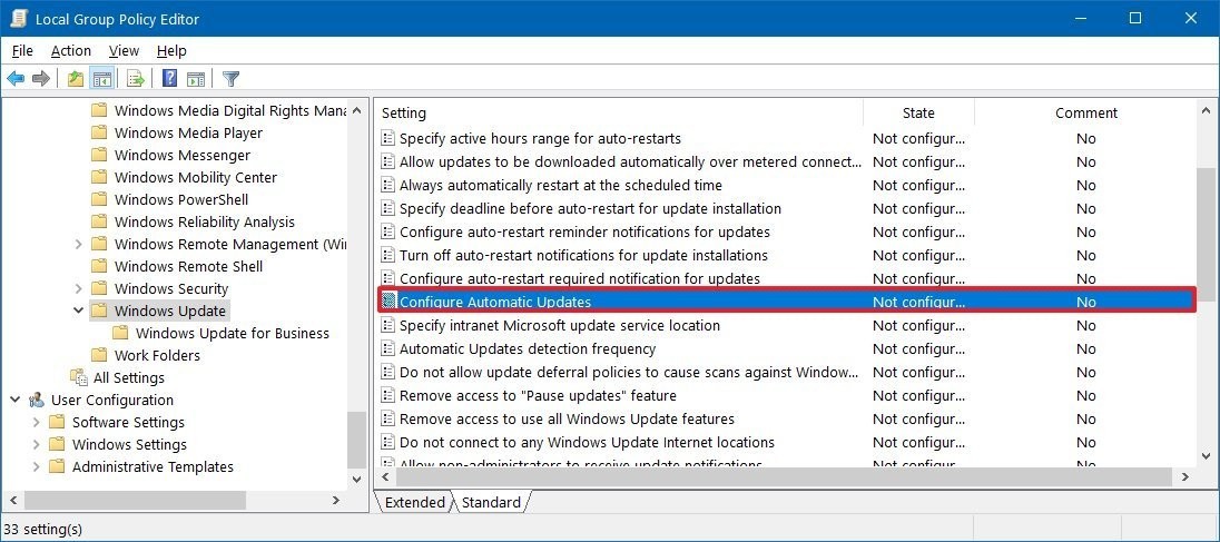 gpedit windows update settings