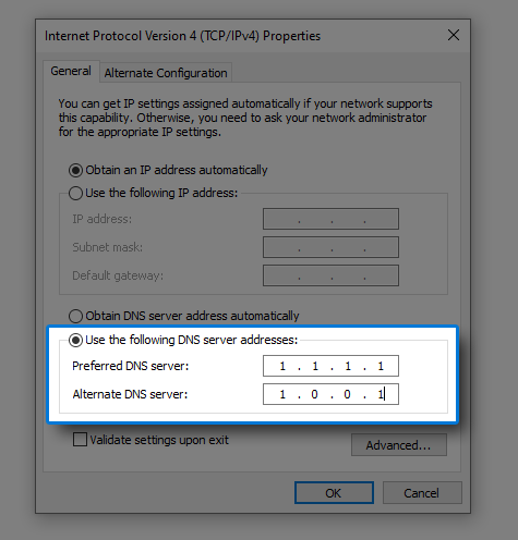 وضع Cloudflare DNS على الويندوز