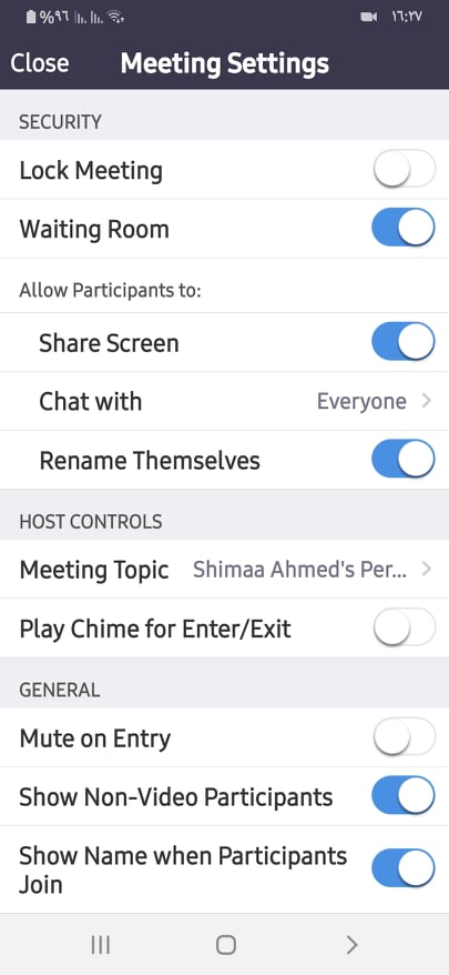 قائمة Settings في تطبيق زووم