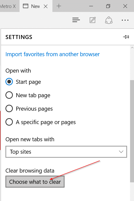 زر Choose what to clear في Microsoft Edge
