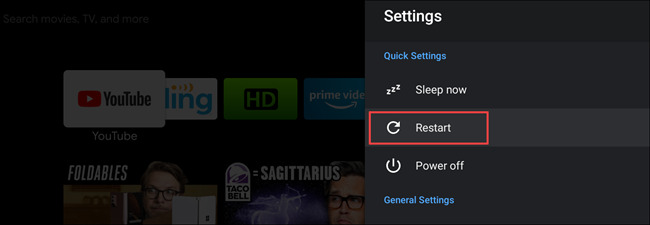 اختيار Restart من قائمة Quick Settings