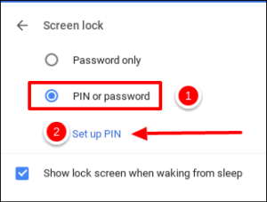 الضغط على Set up PIN بعد اختيار PIN or Password في كروم بوك