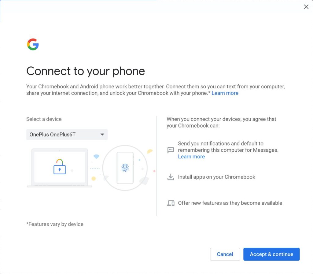 الضغط على Accept & continue لقبول الربط بين الهاتف وجهاز كروم بوك