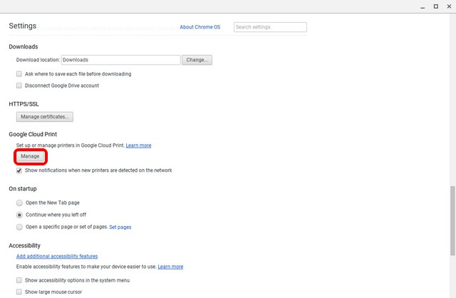 الضغط على Manage من خانة Google Cloud Print 