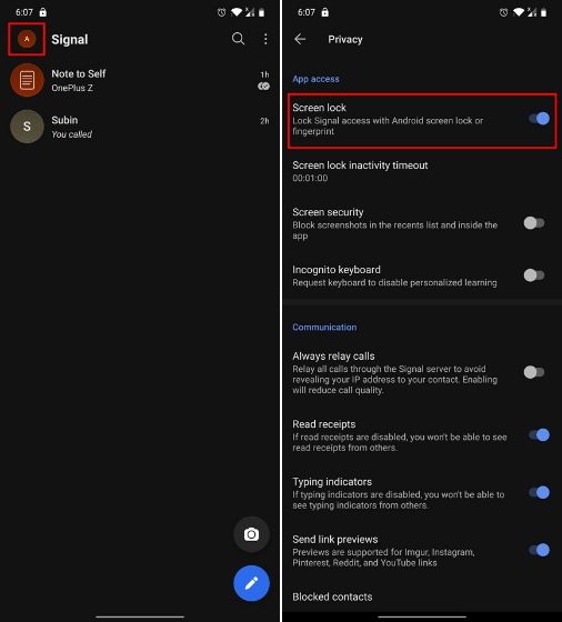 تفعيل خاصية Screen lock في تطبيق Signal