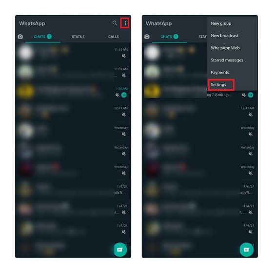 اختيار Settings في تطبيقات الواتساب