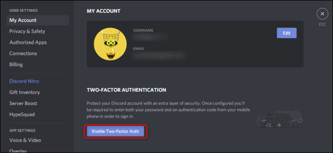 تفعيل التوثيق الثنائي في تطبيق ديسكورد بالضغط على Enable Two-Factor Auth