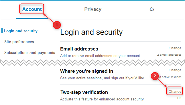 الضغط على Change التابعة لقسم Two-Step Verification المتخصصة في تفعيل التوثيق الثنائي في لينكد إن