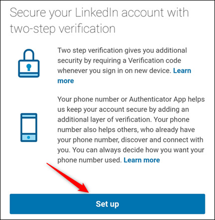 الضغط على Set Up حتى تستطيع تفعيل التوثيق الثنائي في تطبيق لينكد إن