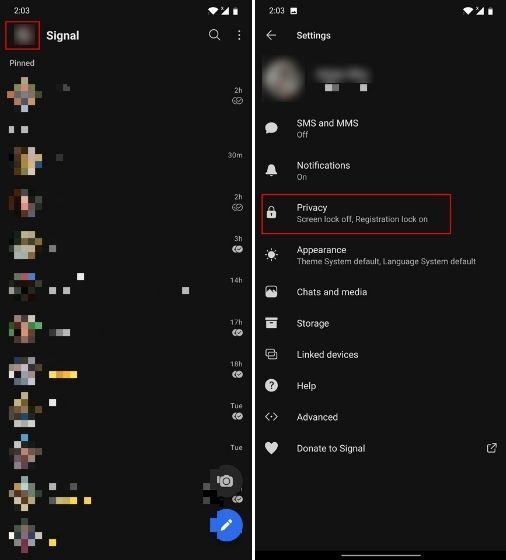 الضغط على Privacy بعد الضغط على أيقونة الصورة الشخصية في تطبيق سيجنال