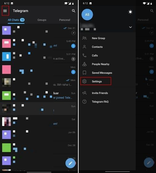 الضغط على Settings في تطبيق Telegram