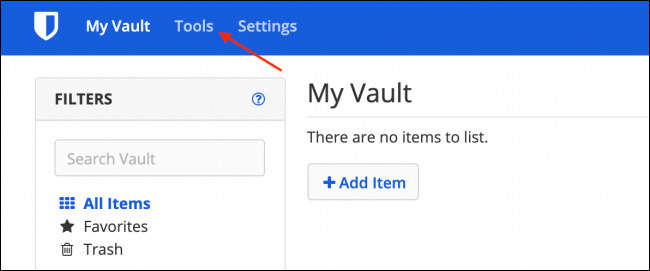 الضغط على Bitwarden vault ثم على Tools