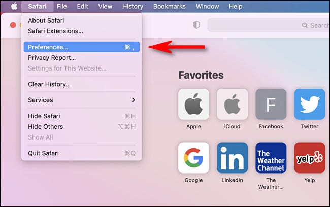 الضغط على كلمة Safari ثم اختيار Preferences