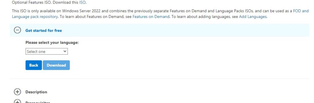 Select your experience Windows Server 2022 download language selection