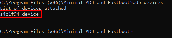 adb devices command result