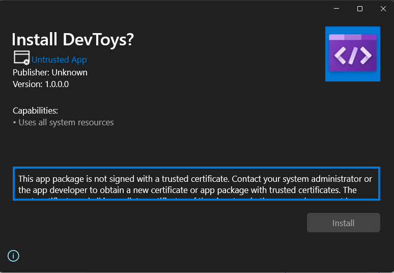 خطأ الشهادة لتطبيق Devtoys