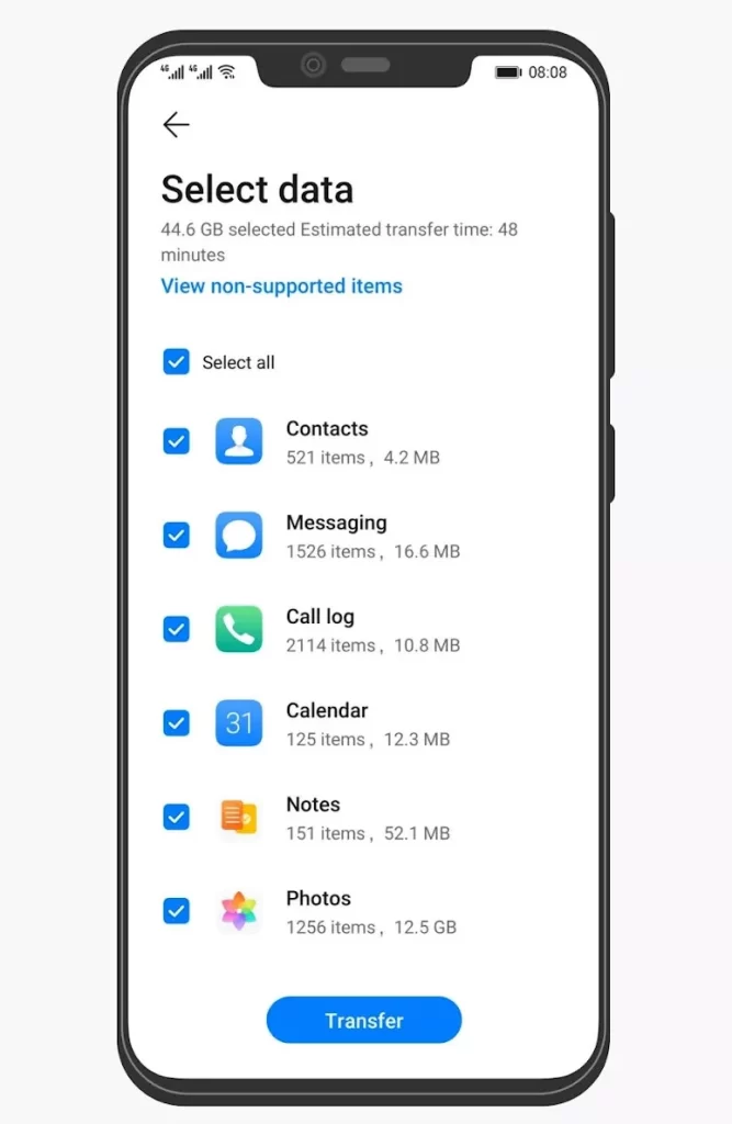 huawei phone clone select data to transfer