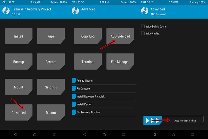 Install or Transfer file via TWRP Swipe to Start ADB Sideload