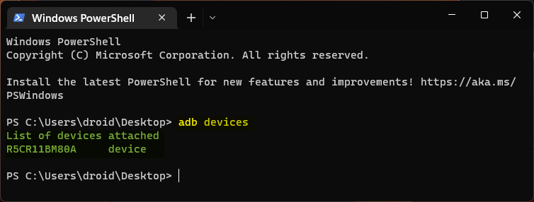 adb devices windows powershell