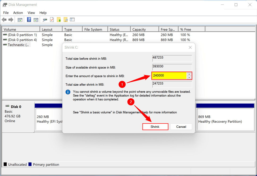 choose partition size windows