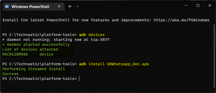 install apk adb command powershell