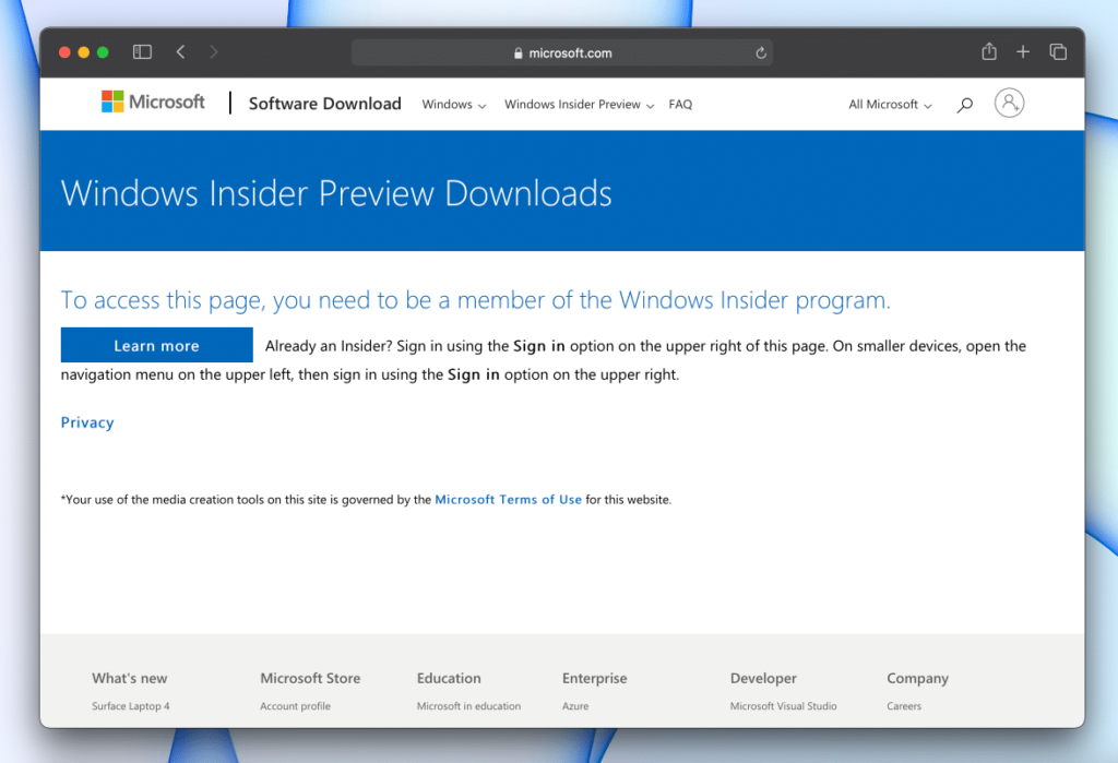 الذهاب لموقع Microsoft Insider