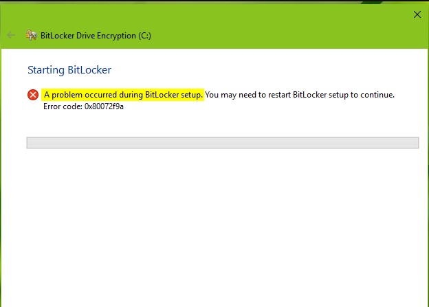 مشكلة 0x80072f9a في Bitlocker