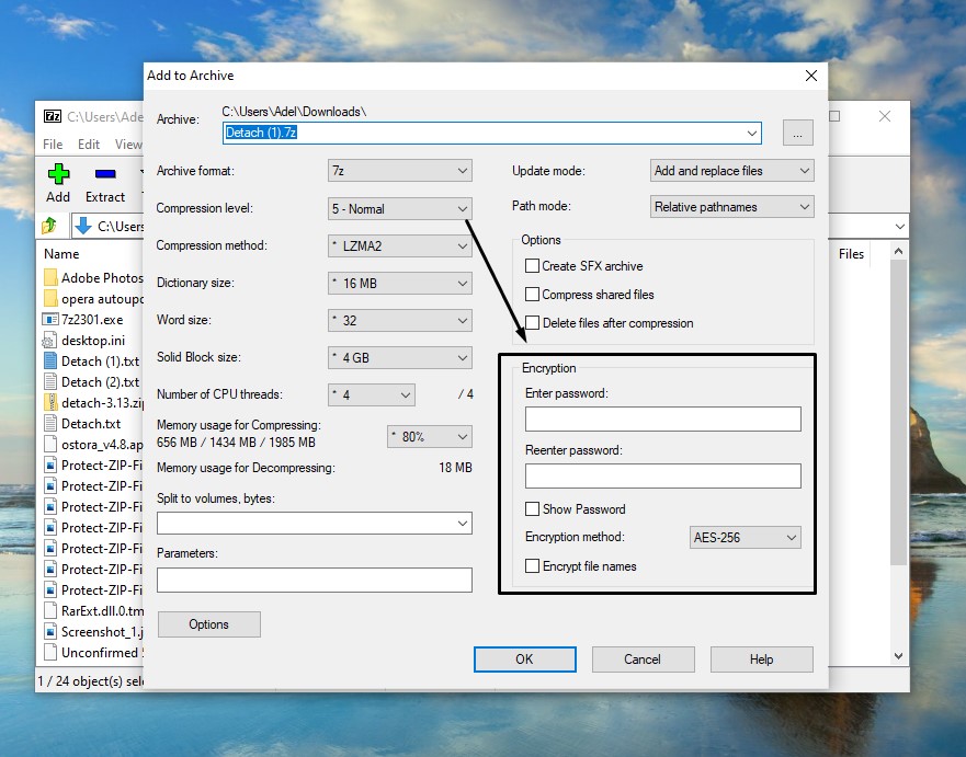 تعيين كلمة مرور في 7-ZIP