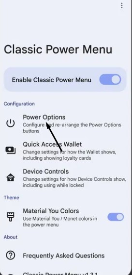 التحكم في إضافة Classic Power Menu