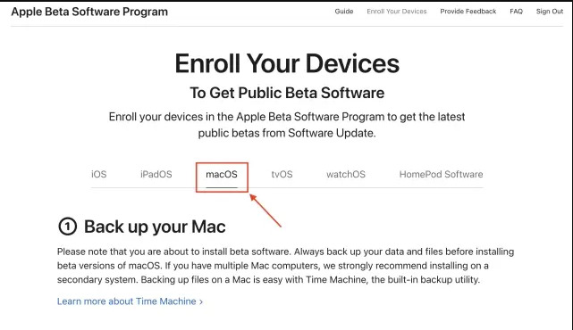 التسجيل في برنامج MacOS Sonoma التجريبي