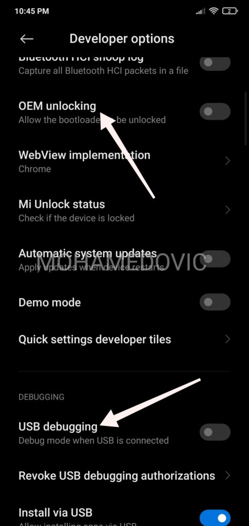 تفعيل خيارات USB Debugging, OEM Unlocking