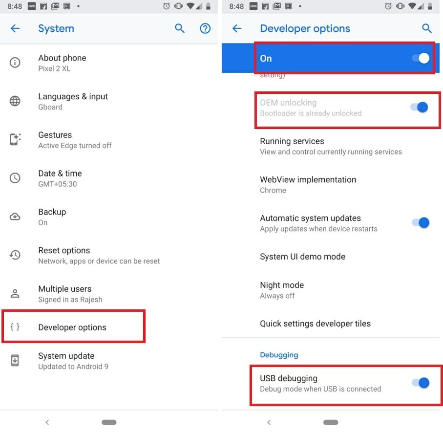 تفعيل خيارات USB Debugging, OEM Unlocking