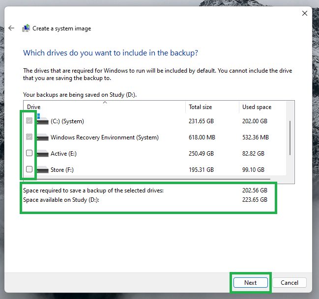 Select partitions to Backup