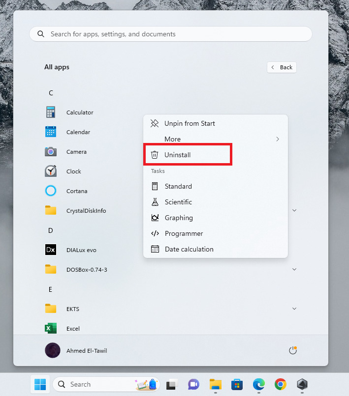 إلغاء تثبيت التطبيقات من خلال قائمة Start