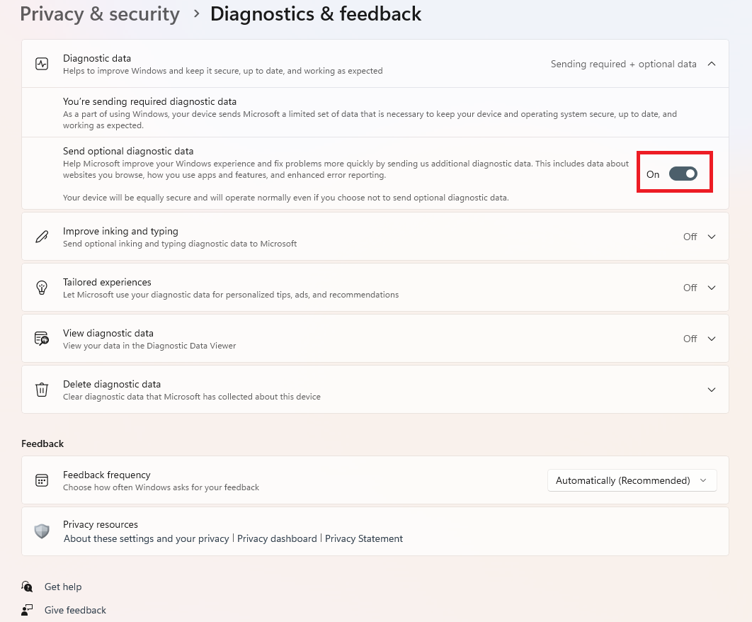 تفعيل send optional diagnostic data