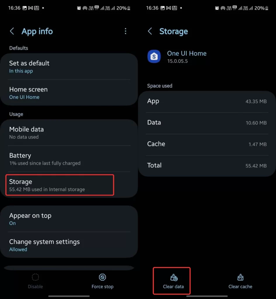 One UI Home app clear data