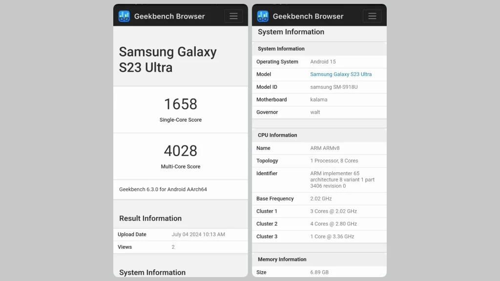 هاتف جالكسي S23 ألترا على منصة Geekbench بنظام اندرويد 15