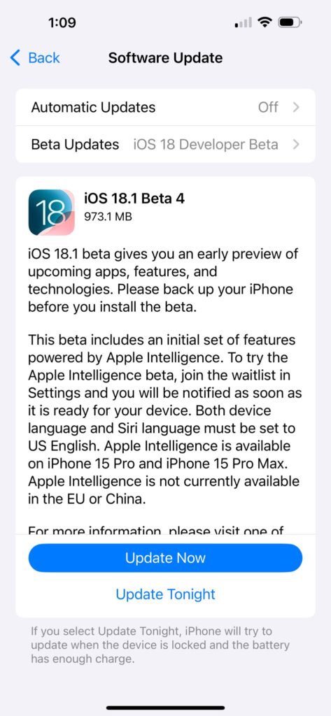 iOS 18.1 Beta 4 Update